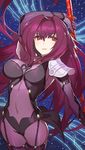  arm_up bodysuit covered_navel fate/grand_order fate_(series) gae_bolg highres long_hair parted_lips pauldrons polearm purple_bodysuit purple_hair red_eyes saitou_naoki scathach_(fate)_(all) scathach_(fate/grand_order) solo spear weapon 