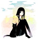 black_cat black_hair black_legwear blue_eyes cat chito_(flying_witch) cloud collarbone commentary_request copyright_name floral_background flying_witch highres hood hoodie kowata_makoto long_hair looking_at_viewer no_shoes pantyhose petting run723 sidelocks sitting skirt sky smile solo 