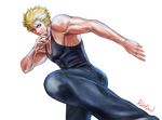  artist_name blonde_hair blue_eyes denim fighting_stance jacky_bryant jeans kicking male_focus md5_mismatch muscle pants pectorals pink_devil solo standing standing_on_one_leg tank_top virtua_fighter white_background 