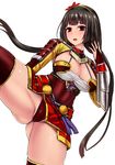  armor ass_visible_through_thighs black_hair blush breasts bridal_gauntlets cleavage gloves highleg highleg_leotard ii_naotora_(sengoku_musou) ishimiso_(ishimura) large_breasts leg_up leotard long_hair looking_at_viewer open_mouth red_eyes red_leotard sengoku_musou simple_background solo thighhighs twintails 