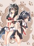  2girls absurdres ahoge alternate_costume animal_ears azur_lane black_hair black_serafuku blue_eyes blush braid breasts closed_mouth crossover fingerless_gloves gloves hair_flaps hair_ornament hair_over_shoulder hair_ribbon hairclip highres kantai_collection long_hair looking_at_viewer medium_breasts multiple_girls navel neckerchief open_mouth pleated_skirt red_eyes red_neckwear remodel_(kantai_collection) ribbon scarlet_dango school_uniform serafuku shigure_(azur_lane) shigure_(kantai_collection) skirt small_breasts tail wolf_ears wolf_tail 