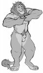  anthro balls barefoot bottomless clothed clothing digitigrade disney feline fishbones front_view greyscale half-dressed inviting lion looking_at_viewer male mammal mane mayor_lionheart monochrome pubes sheath shirt_lif solo undressing whiskers zootopia 