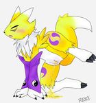  2015 anthro blush canine closed clothed clothing digimon female fur invalid_tag mammal nipples nude open_mouth peeing pussy raveneevee renamon simple_background solo urine watersports white_fur yellow_fur 