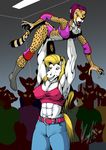  2016 abs anthro biceps big_muscles blonde_hair blue_eyes bodyslam breasts cheetah clothed clothing crop_top digital_media_(artwork) domination duo elbow_pads equine fear feline female female/female fight fur group hair hi_res horse jeans knee_pads legwear lonewolf_(343) long_hair mammal midriff muscular muscular_female nipple_bulge open_mouth pants pecs purple_hair shirt size_difference smile spots standing strength strong tank_top teeth tights white_fur wrestler wrestling 