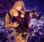  blonde_hair blue_eyes braid carrying dio_brando father_and_son giorno_giovanna headband jacket jojo_no_kimyou_na_bouken magatsumagic male_focus multiple_boys nail_polish princess_carry purple_nails red_eyes scared sky star_(sky) starry_sky 