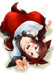  animal_ears barefoot blouse brooch brown_hair fangs fingernails foreshortening heart imaizumi_kagerou jewelry long_fingernails long_hair looking_at_viewer lying multicolored_hair nail_polish on_back open_mouth reaching red_eyes red_hair red_nails skirt smile solo tail touhou unya upside-down wolf_ears wolf_tail 