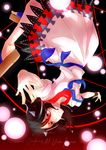  absurdres black_hair bow danmaku dress english glowing glowing_eyes grin highres horns ieka kijin_seija magic_circle multicolored_hair outstretched_arms red_eyes sandals short_hair short_sleeves smile solo streaked_hair touhou upside-down 