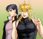  abs black_hair black_nails blonde_hair chain coat dio_brando earrings fingernails gradient gradient_background green_eyes hand_on_another's_head jewelry jojo_no_kimyou_na_bouken kuujou_joutarou long_fingernails magatsumagic male_focus multiple_boys muscle nail_polish smile v yellow_eyes 