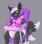  anthro bdsm blush bondage bondage_gloves bound brown_fur crossdressing diaper digital_media_(artwork) fur grey_background hair high_chair infantilism key male mammal mittens multicolored_fur myoti padlock simple_background sissification skunk solo struggling two_tone_fur white_fur white_hair worried 