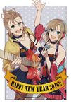  2girls :d blue_eyes brown_hair collar detached_sleeves electric_guitar fishnet_legwear fishnets green_eyes guitar happy_new_year headphones idolmaster idolmaster_cinderella_girls instrument kimura_natsuki lolita_fashion microphone mokuzu_(mokuzzzzz) multiple_girls new_year open_mouth smile tada_riina wa_lolita 