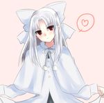  blue_hair blush bow dress dress_lift hair_bow head_tilt heart large_bow long_hair looking_at_viewer melty_blood pink_background pointy_ears pom_pom_(clothes) red_eyes simple_background smile solo spoken_heart tanaji tsukihime tsurime white_bow white_coat white_hair white_len 