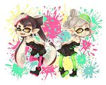  2girls aori_(splatoon) black_dress black_hair brown_eyes commentary detached_collar domino_mask dress earrings esola fangs food food_on_head gloves green_legwear grey_hair grin hotaru_(splatoon) jewelry leaning_forward long_hair looking_at_viewer mask mole mole_under_eye multiple_girls object_on_head one_eye_closed open_mouth paint_splatter pantyhose pointy_ears pose purple_legwear shoes short_dress short_hair short_jumpsuit smile splatoon_(series) splatoon_1 standing symmetrical_hand_pose tentacle_hair 