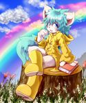 4_fingers black_nose blue_eyes blue_hair blush book boots bottomless clothed clothing cloud flower footwear fur gradient_eyes grass hair half-dressed kemono kemoshota looking_at_viewer male mammal open_mouth outside plant pose rain_boots rainbow raincoat seedling sitting sky smile solo teeth tel-kun tongue tree_stump white_fur 悠久屋こてつ 