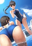  ass bangs bent_over black_hair blunt_bangs blush brown_eyes competition_swimsuit downscaled eto eyebrows_visible_through_hair highres long_hair looking_back md5_mismatch multiple_girls one-piece_swimsuit original ponytail resized smile stopwatch swimsuit watch wet 