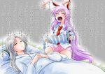  animal_ears blush bunny_ears closed_eyes commentary crying hands_together heart_sutra kneeling lying multiple_girls necktie on_back open_mouth pillow pink_skirt purple_hair red_neckwear reisen_udongein_inaba shirt silver_hair skirt sleeping tears touhou translated unya wall_of_text white_shirt yagokoro_eirin 