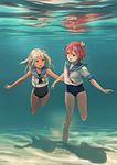  bare_legs barefoot blonde_hair blue_eyes covered_navel flower freediving hair_flower hair_ornament i-58_(kantai_collection) kantai_collection long_hair looking_at_another multiple_girls neckerchief open_mouth outstretched_arms pink_hair red_eyes reflection ro-500_(kantai_collection) sailor_collar school_swimsuit shadow shirt short_hair short_sleeves sleeveless sleeveless_shirt smile swimming swimsuit swimsuit_under_clothes tan underwater white_shirt youmak 
