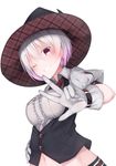  bad_id bad_pixiv_id blush earrings frills gloves grin hat jewelry midriff navel one_eye_closed original pink_eyes puffy_short_sleeves puffy_sleeves rerrere shirt short_sleeves silver_hair smile solo v vest white_gloves witch_hat 