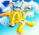  4_fingers black_nose blue_eyes blue_hair blush boots bottomless clothed clothing cloud ear_tuft footwear fur hair half-dressed kemono kemoshota looking_at_viewer male mammal open_mouth outside rain_boots rainbow raincoat sky smile solo teeth tel-kun tongue tuft umbrella white_fur 悠久屋こてつ 