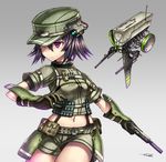  armor belt belt_pouch cable closed_mouth clothes_writing cowboy_shot frown gia gloves glowing grey_background gun handgun hat highres holding holding_gun holding_weapon japanese_armor kote looking_away looking_to_the_side machinery military military_uniform one_eye_covered original pouch purple_eyes purple_hair radio_antenna robot short_hair short_sleeves shorts signature solo stomach suppressor suspenders uniform weapon 
