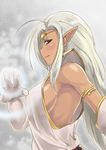  breasts circlet dark_elf dark_skin elbow_gloves elf gloves large_breasts looking_at_viewer pirotess platinum_blonde_hair pointy_ears record_of_lodoss_war sideboob sideways_glance sleeveless solo upper_body white_gloves white_hair wo_jianqiang_fu_guo 