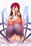 :q ahobaka arachne ass bare_shoulders breasts cleavage extra_eyes highres huge_breasts insect_girl long_hair looking_at_viewer monster_girl original pointy_ears purple_hair smile solo spider_girl sweater tongue tongue_out yellow_eyes 