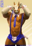  5_fingers abs anhes anthro blue_eyes brown_fur clothing collar equine fur hands_behind_head horse male mammal muscular muscular_male navel necktie nipples pinup pose shirt_cuffs shorts smile solo suspenders tail_wrap tan_hair 