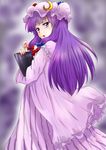  book cowboy_shot crescent from_behind hair_ribbon hat holding holding_book long_hair looking_at_viewer looking_back mob_cap moon_(ornament) nightgown open_mouth patchouli_knowledge purple_eyes purple_hair ribbon solo striped striped_pajamas touhou unya 