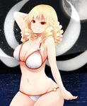  alternate_costume arano_oki bikini blonde_hair blush breasts cleavage crescent drill_hair fairy_wings full_moon highres jewelry large_breasts long_hair luna_child moon navel necklace o-ring o-ring_bikini older red_eyes smile solo swimsuit touhou white_bikini wings 