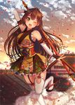  architecture bare_shoulders brown_hair east_asian_architecture geta green_eyes hachimaki hair_ribbon headband japanese_clothes leg_up long_hair nemuri_nemu one_eye_closed open_mouth outdoors petals ribbon rooftop solo staff sunset thighhighs white_legwear 