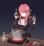  blush breasts chicken_(food) cleavage dark_background food girls_frontline hair_ornament hayarob highres k31_(girls_frontline) ladle long_hair medium_breasts melting pink_hair poison pot potato purple_eyes radioactive smile solo stove tomato twintails wooden_spoon 