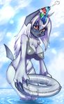  absol anthro anthrofied beach beach_ball bikini blush breasts claws cleavage clothed clothing deflated erect_nipples female fur hair inner_tube long_hair nintendo nipples outside partially_submerged pok&eacute;mon red_eyes seaside shiron_(artist) solo swimsuit video_games wet white_hair wide_hips 