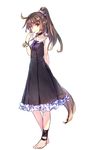  absurdres animal_ears anklet barefoot bracelet brown_hair dress earrings full_body highres jewelry long_hair looking_at_viewer original ponytail red_eyes simple_background solo tail virus_(obsession) white_background 