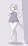  2013 anthro canine clothed clothing digital_media_(artwork) female fur grey_hair hair half-closed_eyes kittydee looking_at_viewer mammal monochrome simple_background smile solo standing towel white_fur 