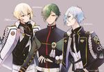  black_gloves blonde_hair blue_hair character_name gloves green_eyes green_hair hair_over_one_eye higekiri_(touken_ranbu) hizamaru_(touken_ranbu) male_focus military military_uniform multiple_boys obo red_eyes revision smile touken_ranbu uguisumaru uniform 