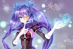  ahoge blackdeeno blue_eyes blue_hair blush breasts dance_princess_of_the_ice_barrier duel_monster finger_to_mouth gloves hair_ornament looking_at_viewer medium_breasts one_eye_closed purple_scarf scarf short_twintails smile snow solo twintails white_gloves yuu-gi-ou 