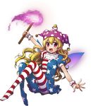  american_flag_dress american_flag_legwear ayami_chiha blonde_hair clownpiece fairy_wings full_body hat holding jester_cap long_hair looking_at_viewer open_mouth pantyhose red_eyes short_sleeves smile solo torch touhou transparent_background wings wristband 