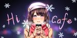  brown_hair coffee hat highres long_hair looking_at_viewer open_mouth original purple_eyes red_scarf scarf solo tawagoto_dukai_no_deshi tongue 