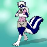 4_toes aggrobadger barefoot beverage blue_fur clothing female fluffy_tail food fur hair mammal shirt shorts skunk solo taki toes white_hair 
