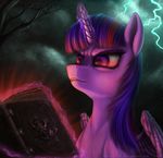  2015 absurd_res book bra1neater cloud equine feathered_wings feathers female feral friendship_is_magic fur hair hi_res horn insane lightning magic mammal multicolored_hair my_little_pony outside purple_fur red_eyes sky solo tree twilight_sparkle_(mlp) winged_unicorn wings 