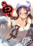  2016 :o black_hair blush breasts green_eyes highres large_breasts lips long_hair looking_at_viewer monkey nail_polish new_year nipples nude object_on_head onsen original partially_submerged pink_nails solo towel utu water wet 