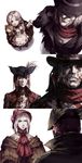  bangs blood blood_splatter bloodborne bonnet cloak gehrman_the_first_hunter green_eyes hat highres holding hunter_(bloodborne) lady_maria_of_the_astral_clocktower long_hair plain_doll ponytail ruukii_drift scarf silver_hair spoilers swept_bangs the_old_hunters top_hat tricorne upper_body white_hair younger 
