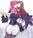  7gou belt black_legwear blue_eyes book bow brown_hair garter_straps hair_bobbles hair_ornament hand_on_another's_shoulder leotard mammon multiple_girls open_book pleated_skirt red_eyes red_hair skirt smile stakes_of_purgatory thighhighs two_side_up umineko_no_naku_koro_ni ushiromiya_ange 