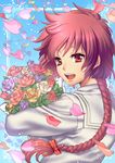  :d blue_background bouquet bow braid d-red flower hair_bow long_hair looking_at_viewer magic_knight_rayearth open_mouth petals purple_flower purple_rose red_bow red_eyes red_flower red_hair red_rose rose shidou_hikaru single_braid smile solo upper_body white_flower white_rose yellow_flower yellow_rose 