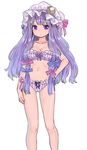  ama-tou bikini blush_stickers bow collarbone crescent hair_bow hat long_hair looking_at_viewer midriff mob_cap navel patchouli_knowledge purple_eyes purple_hair ribbon simple_background solo striped striped_bikini swimsuit touhou white_background 