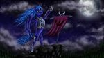  2014 absurd_res armor banner blue_eyes blue_fur blue_hair bra1neater cloud cutie_mark equine feathered_wings feathers female feral friendship_is_magic fur hair hi_res horn mammal moon mountain my_little_pony outside princess_luna_(mlp) sky star winged_unicorn wings 