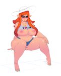  1girl bare_shoulders breasts denim hat highres huge_breasts inkling jewelry light_smile lips lm_(legoman) long_hair looking_at_viewer midriff nail_polish navel necklace nipples older partially_visible_vulva plump pointy_ears red_eyes red_hair sandals simple_background sitting sketch solo splatoon thick_thighs thighs uncensored 