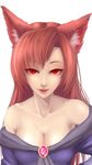  animal_ears bad_id bad_pixiv_id bare_shoulders breasts brooch brown_hair cleavage collarbone dress fangs highres imaizumi_kagerou jewelry lips long_hair long_sleeves looking_at_viewer medium_breasts off_shoulder open_mouth red_eyes simple_background smile solo touhou white_background wide_sleeves wolf_ears xianjian_lingluan 