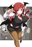  bat_wings bouncing_breasts breasts cleavage demon_girl demon_tail head_wings koakuma large_breasts long_hair looking_at_viewer low_wings midriff necktie pantyhose pointy_ears red_eyes red_hair skirt smile solo succubus sugiura tail thighs touhou wings 