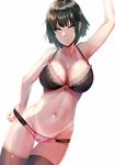  arm_up armpits arms_at_sides ass_visible_through_thighs bangs bikini_tan black_bra black_hair black_legwear bow bow_bra bra breasts cameltoe cleavage collarbone cowboy_shot dutch_angle fubuki_(one-punch_man) green_eyes groin hand_in_panties hews_hack lace lace-trimmed_bra large_breasts looking_at_viewer navel one-punch_man panties parted_lips pink_bow pink_lips pink_panties short_hair simple_background solo stomach sweat tan tanline thigh_gap underwear underwear_only white_background 