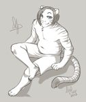 2013 anthro clothed clothing digital_media_(artwork) feline fur half-closed_eyes half-dressed high-angle_shot kittydee looking_at_viewer male mammal monochrome multicolored_fur navel simple_background sitting smile solo stripes topless two_tone_fur 